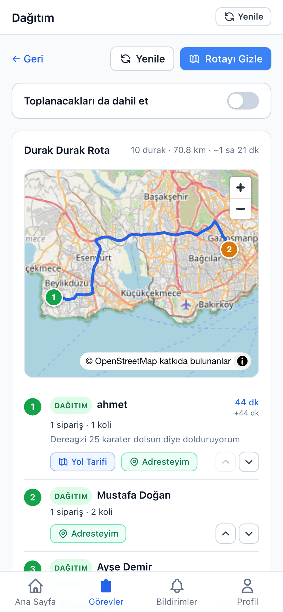 Novajet kurye mobil uygulaması — optimize teslim rotası ve sıralı duraklar